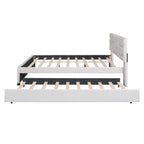 Linen Platform Bed with Trundle & Brick Pattern Headboard — 500 lb Capacity