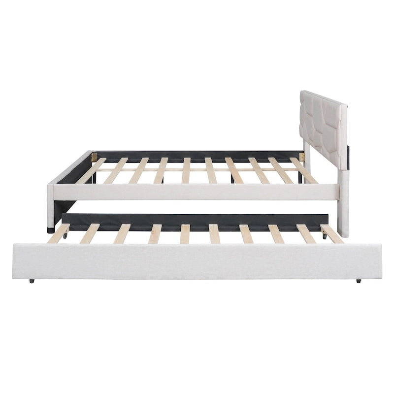 Linen Platform Bed with Trundle & Brick Pattern Headboard — 500 lb Capacity