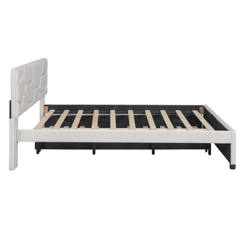 Linen Platform Bed with Trundle & Brick Pattern Headboard — 500 lb Capacity