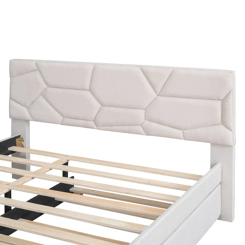 Linen Platform Bed with Trundle & Brick Pattern Headboard — 500 lb Capacity