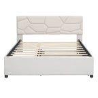 Linen Platform Bed with Trundle & Brick Pattern Headboard — 500 lb Capacity