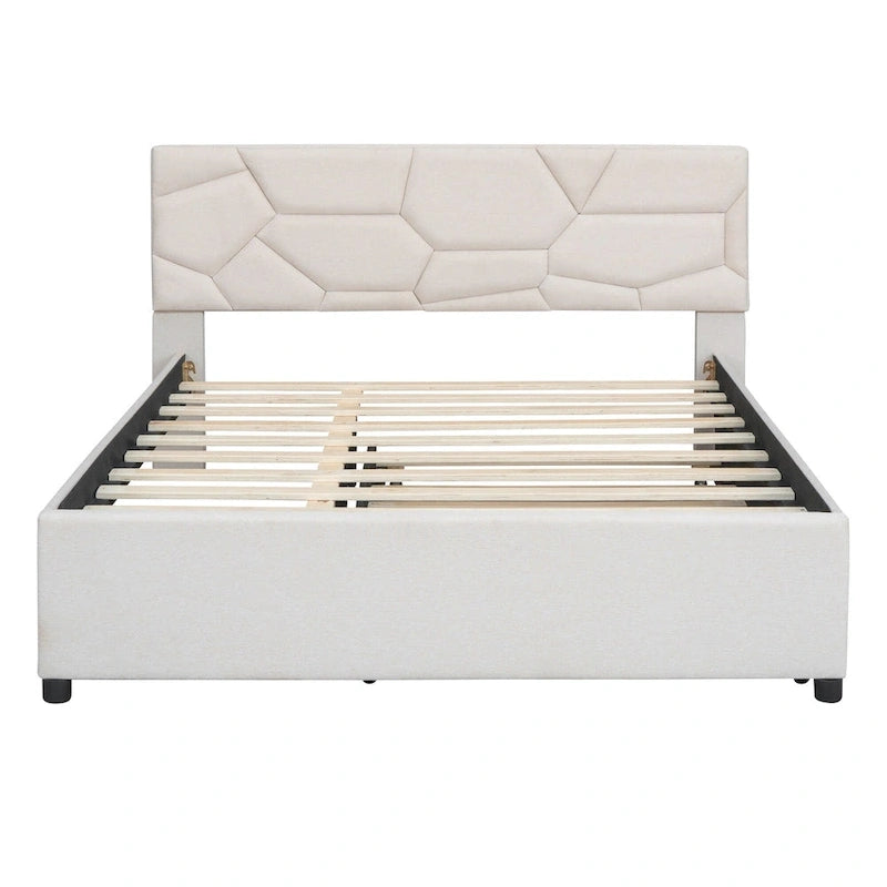 Linen Platform Bed with Trundle & Brick Pattern Headboard — 500 lb Capacity