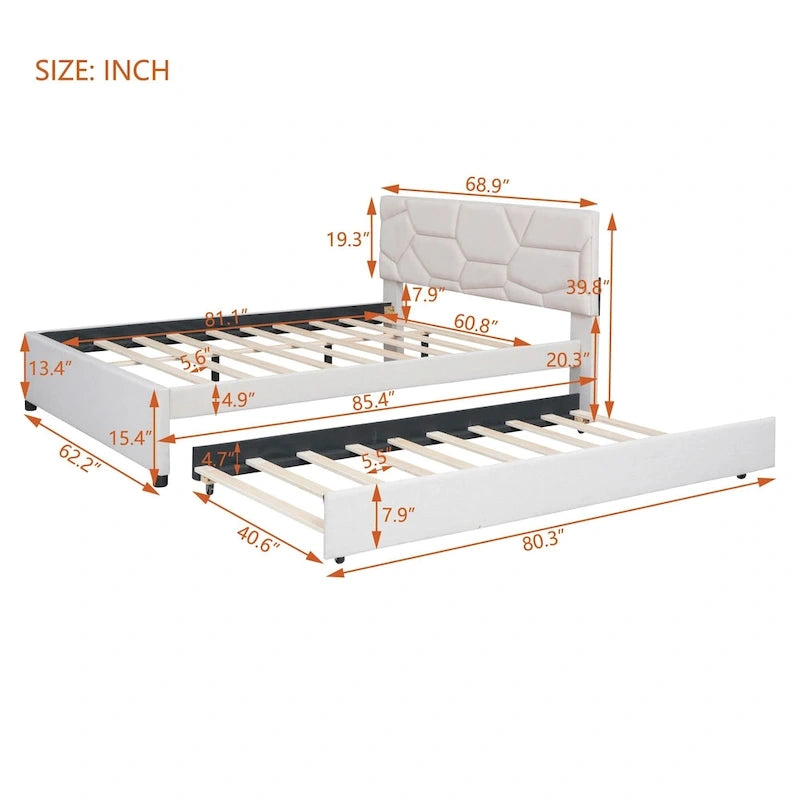 Linen Platform Bed with Trundle & Brick Pattern Headboard — 500 lb Capacity