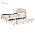 Linen Platform Bed with Trundle & Brick Pattern Headboard — 500 lb Capacity