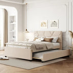 Linen Platform Bed with Trundle & Brick Pattern Headboard — 500 lb Capacity