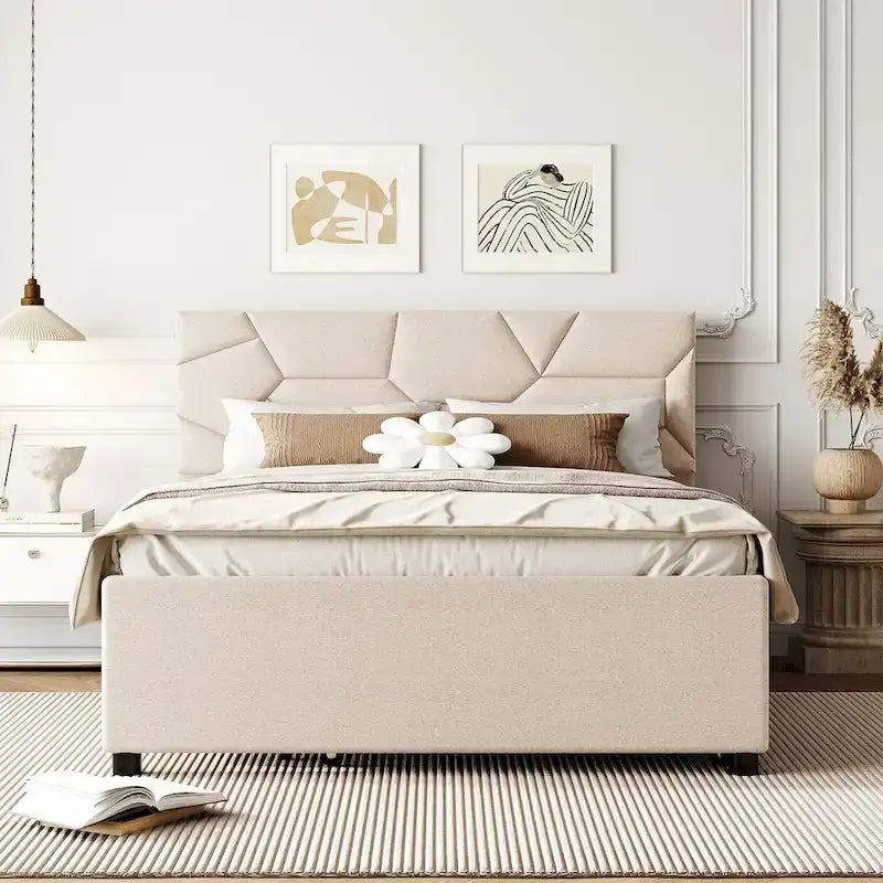 Linen Platform Bed with Trundle & Brick Pattern Headboard — 500 lb Capacity