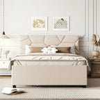 Linen Platform Bed with Trundle & Brick Pattern Headboard — 500 lb Capacity