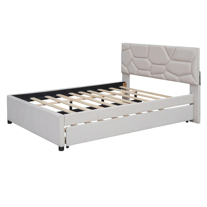 Linen Platform Bed with Trundle & Brick Pattern Headboard — 500 lb Capacity