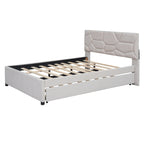 Linen Platform Bed with Trundle & Brick Pattern Headboard — 500 lb Capacity