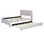Linen Platform Bed with Trundle & Brick Pattern Headboard — 500 lb Capacity