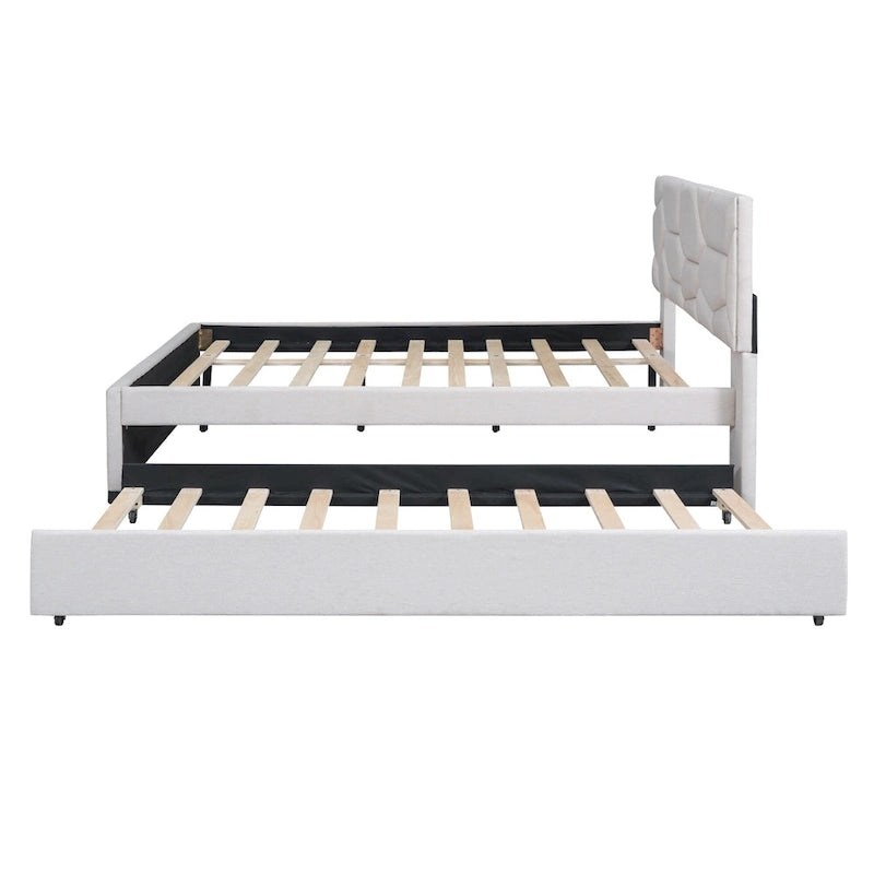 Linen Platform Bed with Trundle & Brick Pattern Headboard — 500 lb Capacity