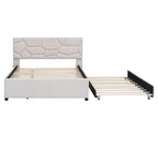Linen Platform Bed with Trundle & Brick Pattern Headboard — 500 lb Capacity
