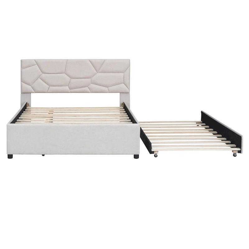 Linen Platform Bed with Trundle & Brick Pattern Headboard — 500 lb Capacity