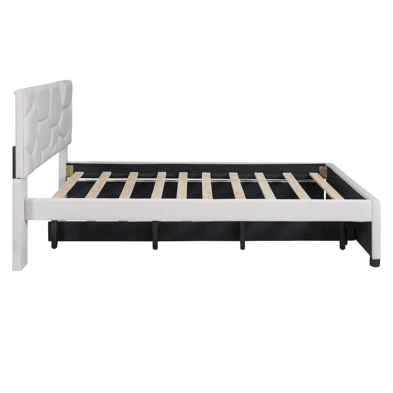 Linen Platform Bed with Trundle & Brick Pattern Headboard — 500 lb Capacity