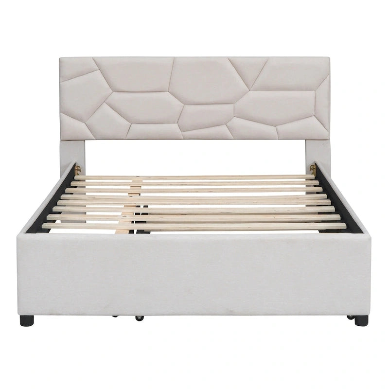 Linen Platform Bed with Trundle & Brick Pattern Headboard — 500 lb Capacity