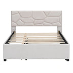 Linen Platform Bed with Trundle & Brick Pattern Headboard — 500 lb Capacity