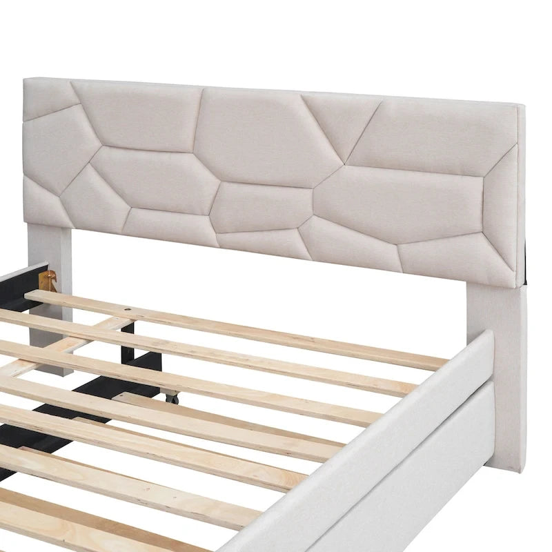 Linen Platform Bed with Trundle & Brick Pattern Headboard — 500 lb Capacity