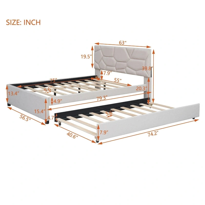 Linen Platform Bed with Trundle & Brick Pattern Headboard — 500 lb Capacity