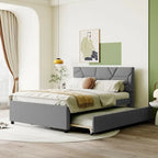 Linen Platform Bed with Trundle & Brick Pattern Headboard — 500 lb Capacity
