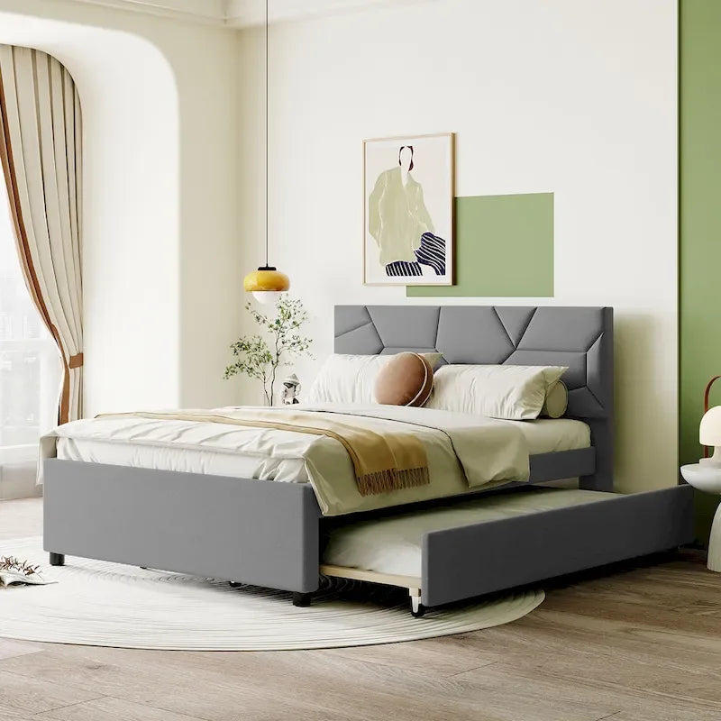 Linen Platform Bed with Trundle & Brick Pattern Headboard — 500 lb Capacity
