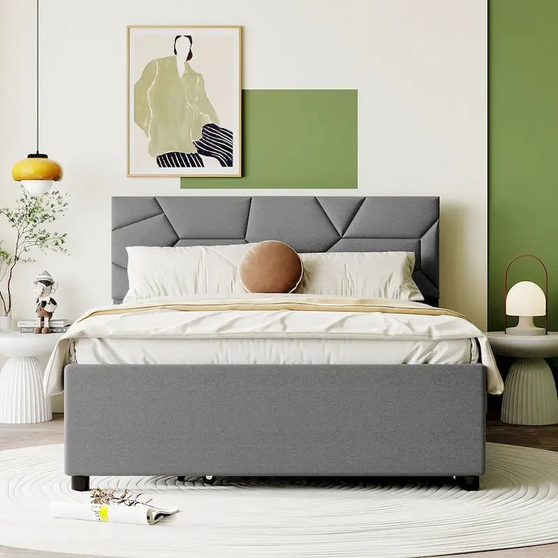 Linen Platform Bed with Trundle & Brick Pattern Headboard — 500 lb Capacity