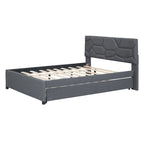 Linen Platform Bed with Trundle & Brick Pattern Headboard — 500 lb Capacity