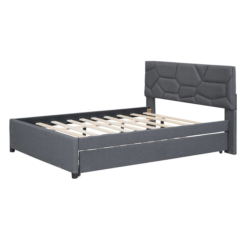 Linen Platform Bed with Trundle & Brick Pattern Headboard — 500 lb Capacity