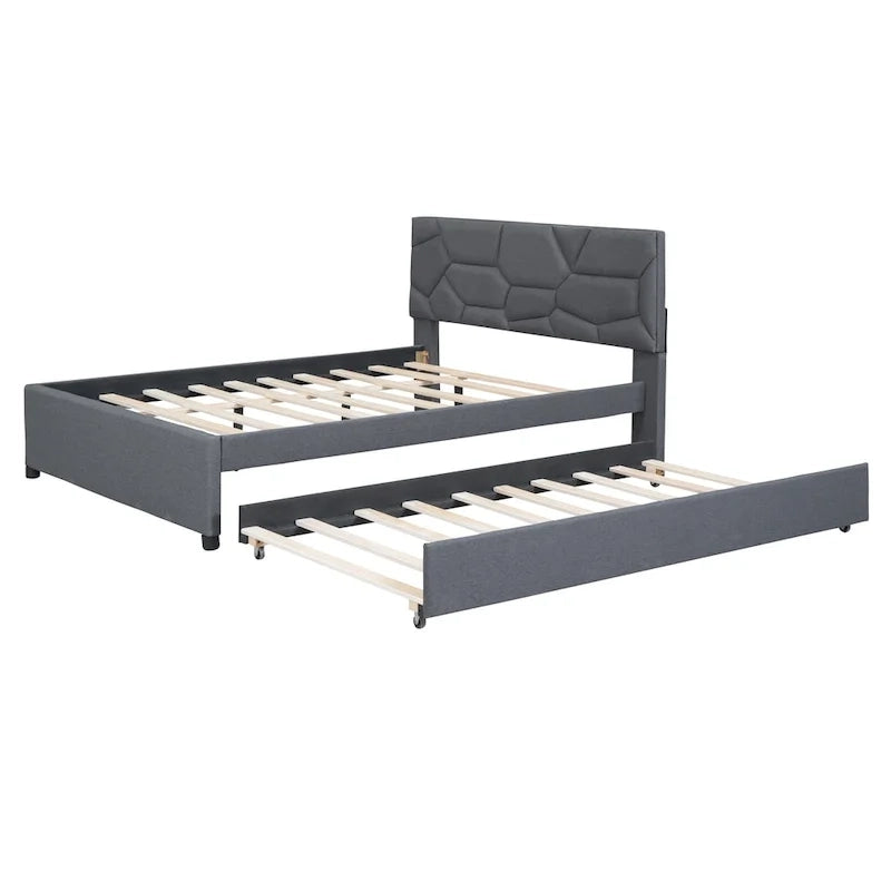 Linen Platform Bed with Trundle & Brick Pattern Headboard — 500 lb Capacity
