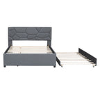 Linen Platform Bed with Trundle & Brick Pattern Headboard — 500 lb Capacity