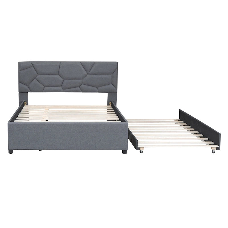 Linen Platform Bed with Trundle & Brick Pattern Headboard — 500 lb Capacity