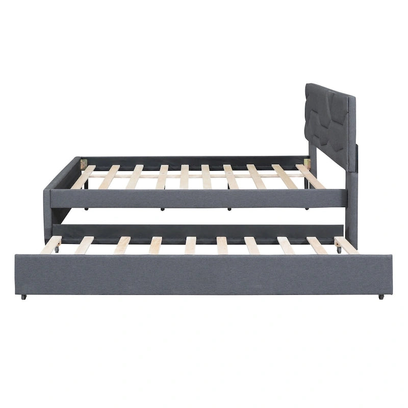 Linen Platform Bed with Trundle & Brick Pattern Headboard — 500 lb Capacity