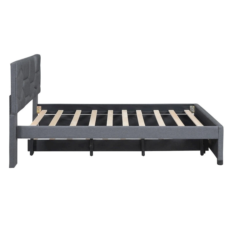 Linen Platform Bed with Trundle & Brick Pattern Headboard — 500 lb Capacity