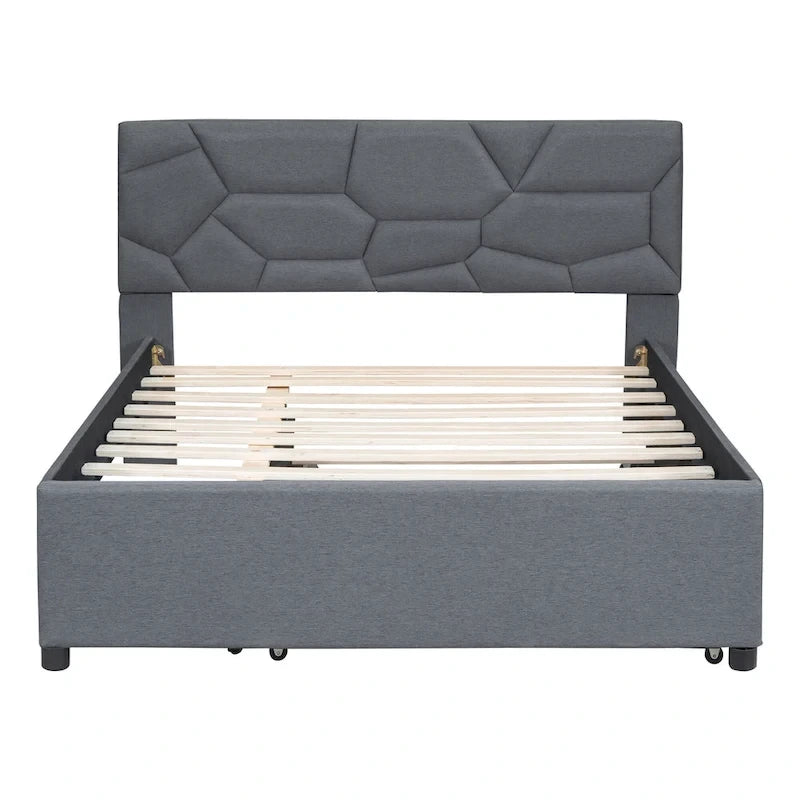 Linen Platform Bed with Trundle & Brick Pattern Headboard — 500 lb Capacity