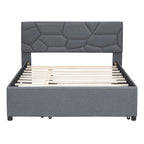 Linen Platform Bed with Trundle & Brick Pattern Headboard — 500 lb Capacity