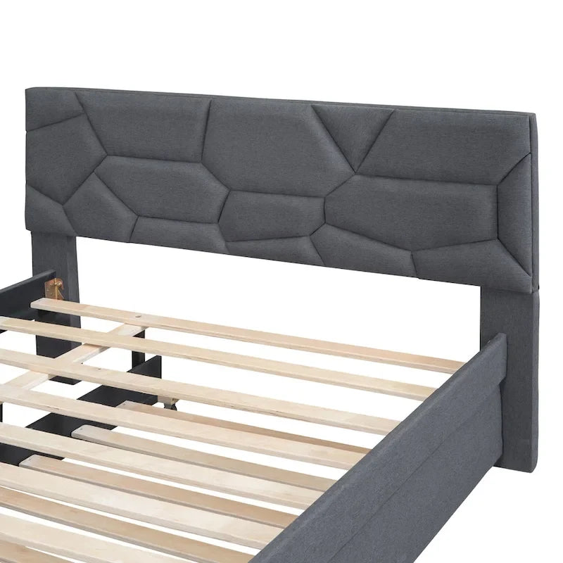 Linen Platform Bed with Trundle & Brick Pattern Headboard — 500 lb Capacity