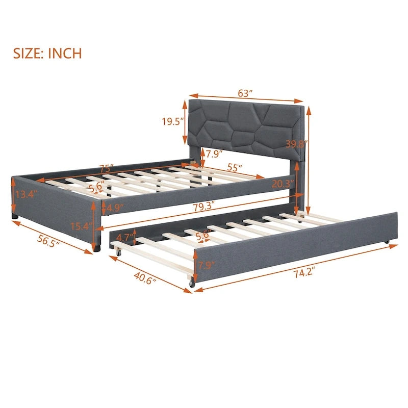 Linen Platform Bed with Trundle & Brick Pattern Headboard — 500 lb Capacity