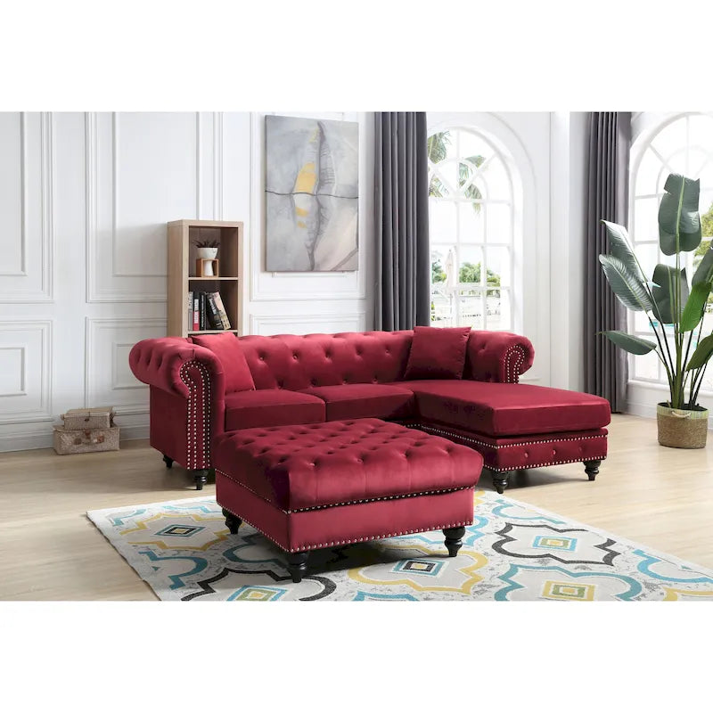 Traditional Velvet Sofa with Configurable Chaise — Nailhead Trim, Seats 3