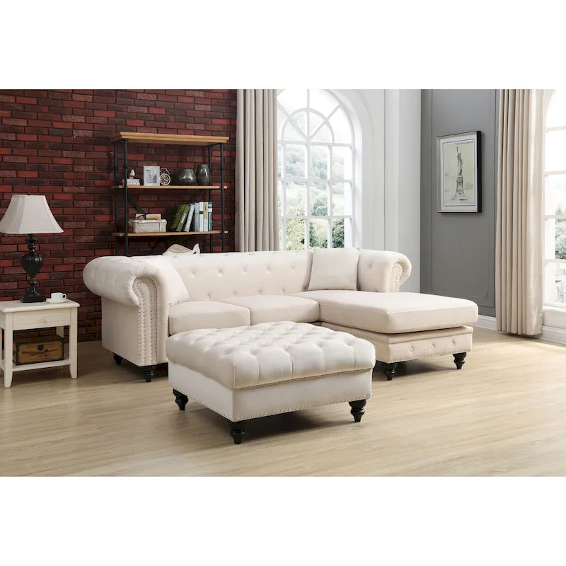 Traditional Velvet Sofa with Configurable Chaise — Nailhead Trim, Seats 3
