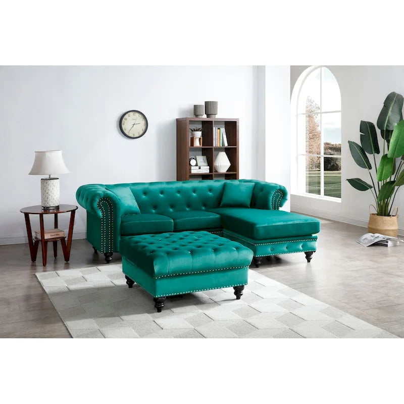 Traditional Velvet Sofa with Configurable Chaise — Nailhead Trim, Seats 3