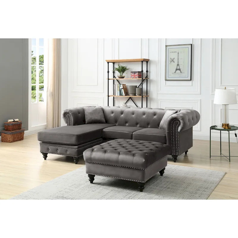 Traditional Velvet Sofa with Configurable Chaise — Nailhead Trim, Seats 3