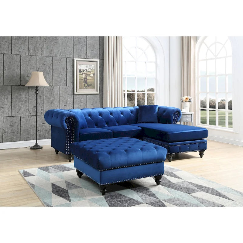 Traditional Velvet Sofa with Configurable Chaise — Nailhead Trim, Seats 3
