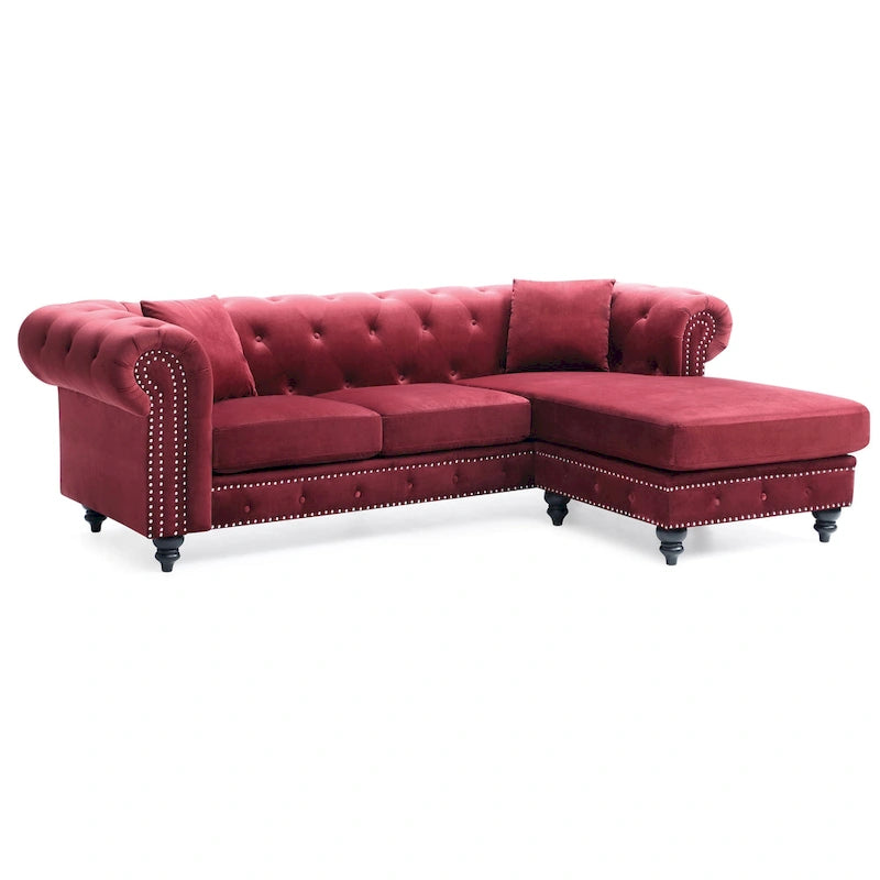 Traditional Velvet Sofa with Configurable Chaise — Nailhead Trim, Seats 3