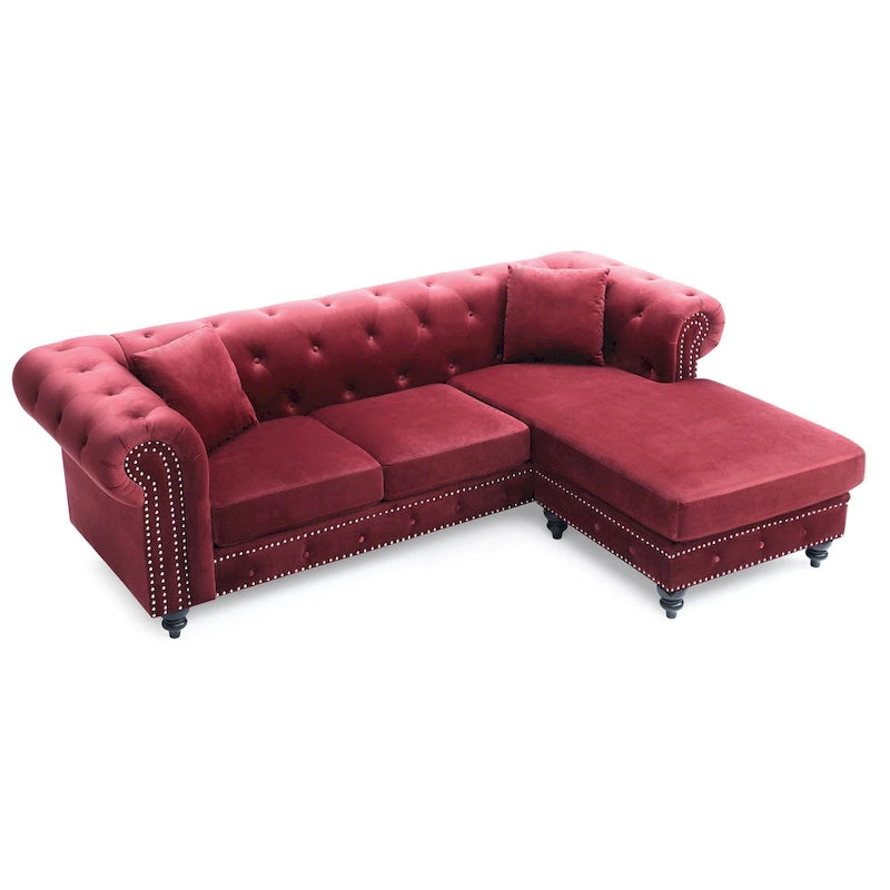 Traditional Velvet Sofa with Configurable Chaise — Nailhead Trim, Seats 3