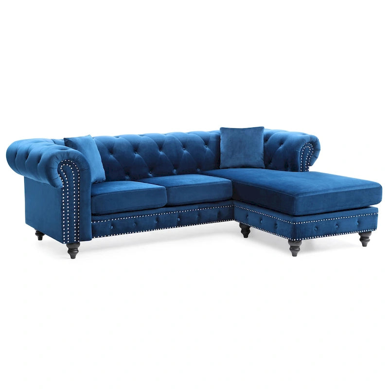 Traditional Velvet Sofa with Configurable Chaise — Nailhead Trim, Seats 3