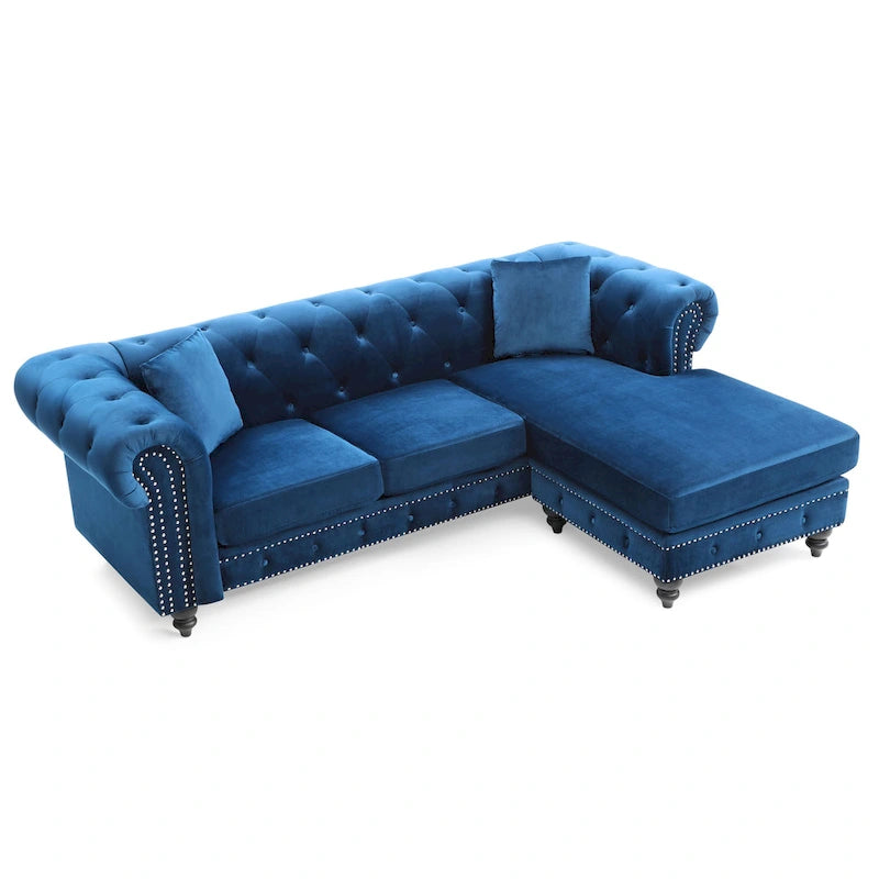 Traditional Velvet Sofa with Configurable Chaise — Nailhead Trim, Seats 3