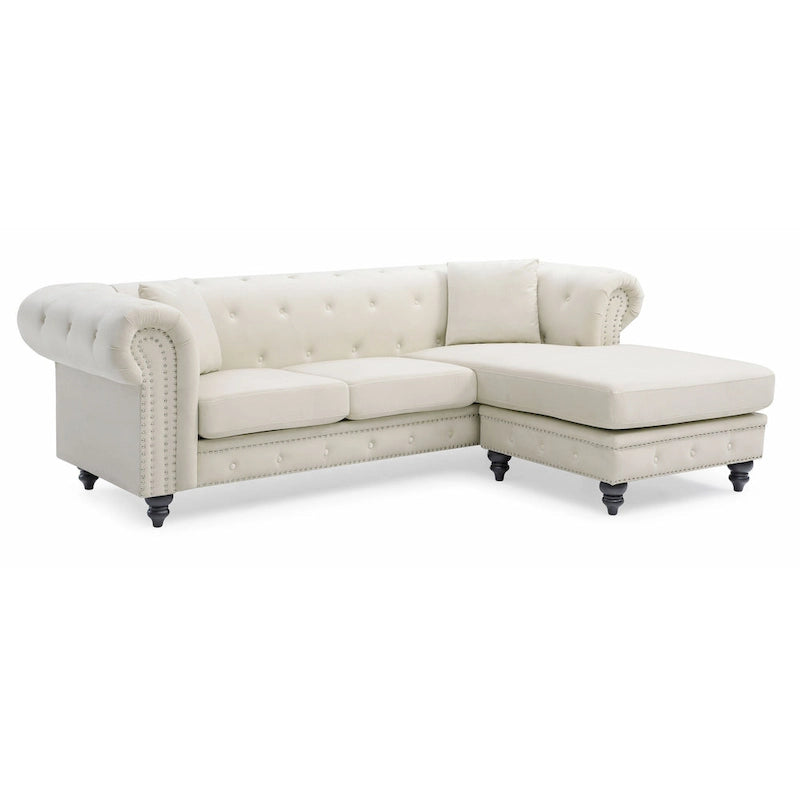 Traditional Velvet Sofa with Configurable Chaise — Nailhead Trim, Seats 3