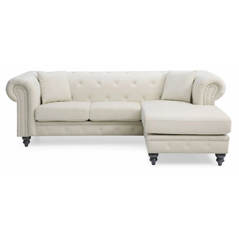 Traditional Velvet Sofa with Configurable Chaise — Nailhead Trim, Seats 3
