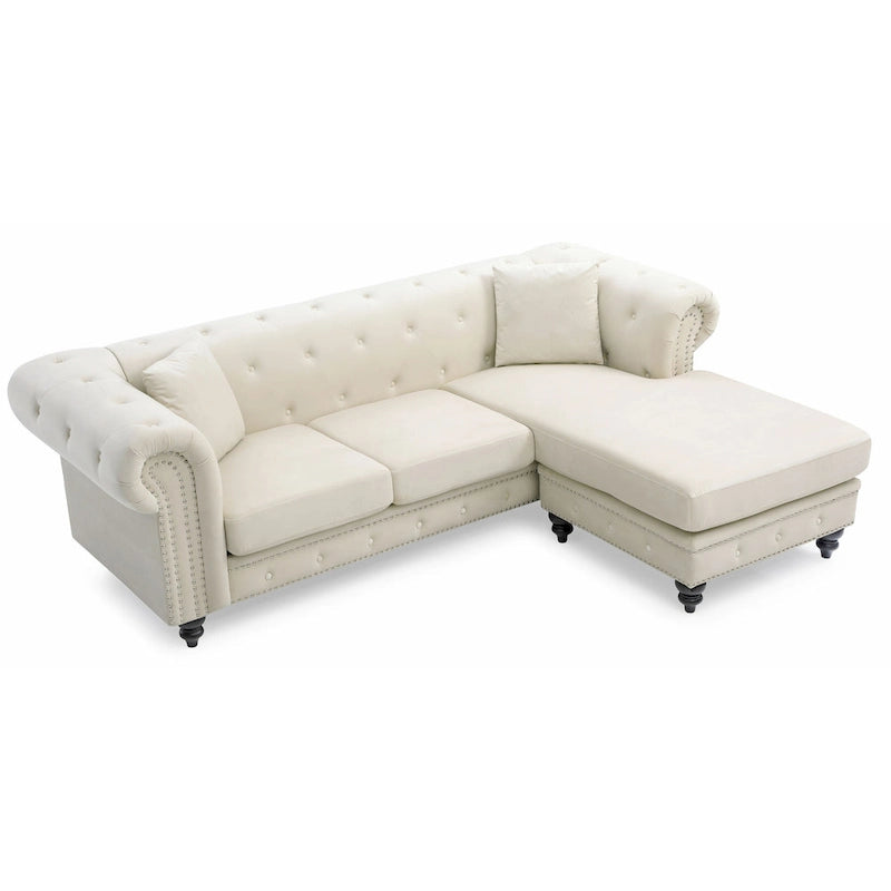 Traditional Velvet Sofa with Configurable Chaise — Nailhead Trim, Seats 3