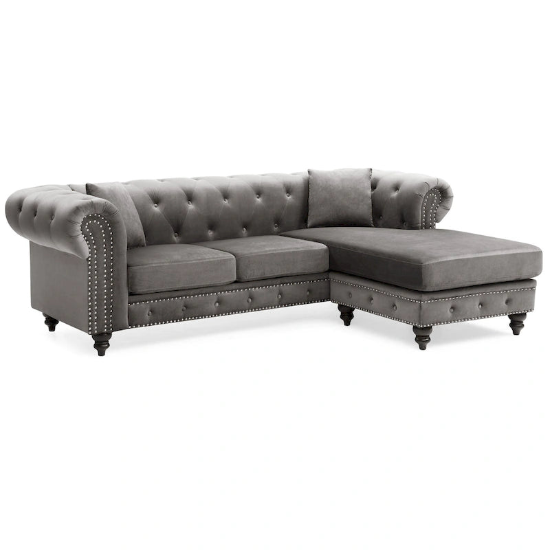 Traditional Velvet Sofa with Configurable Chaise — Nailhead Trim, Seats 3