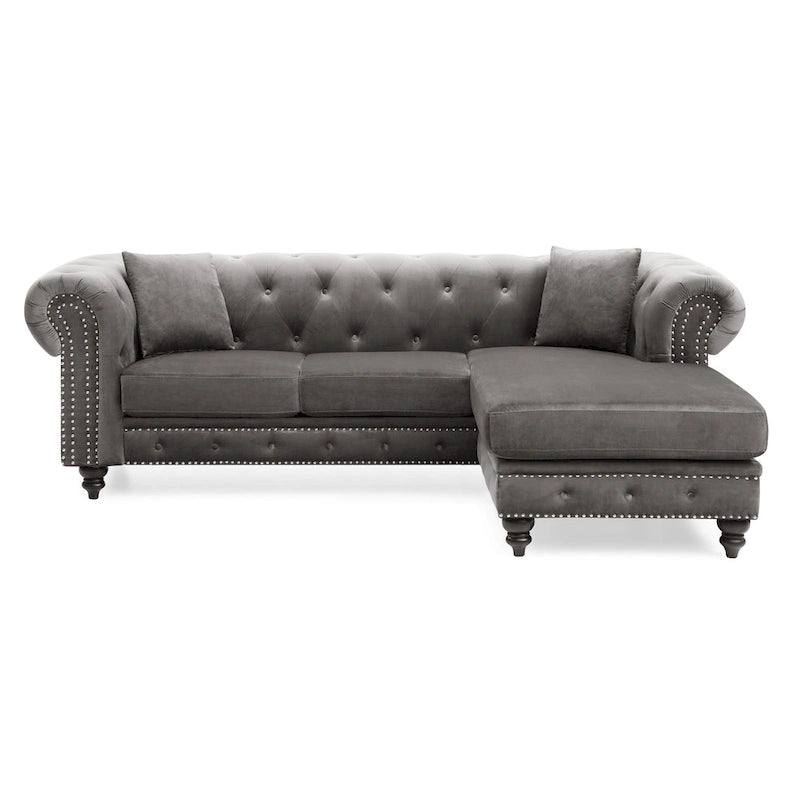 Traditional Velvet Sofa with Configurable Chaise — Nailhead Trim, Seats 3